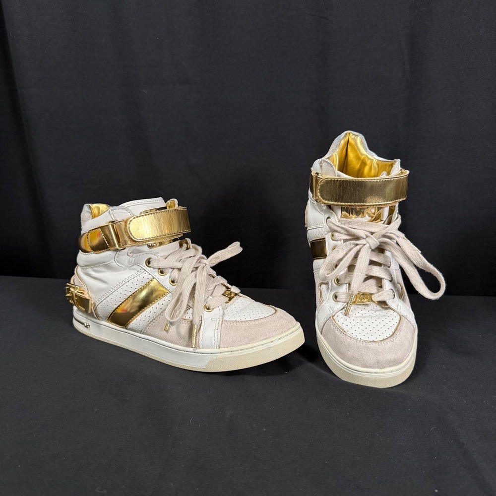 Michael Kors Fulton Mirror Metallic Leather High Top Sneaker White Gold Women 8